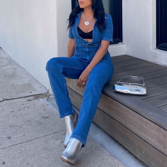 Nasty Gal Pants - Acid Wash Plunging V Neck Denim Boilersuit